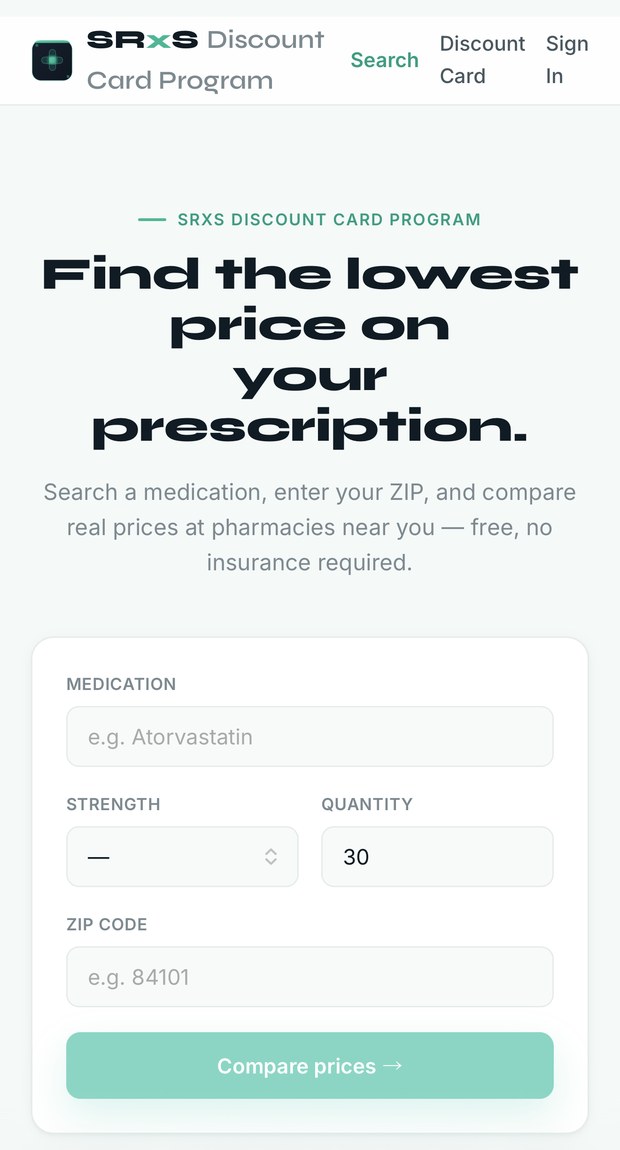 SRxS member portal — search a drug, strength, quantity and ZIP